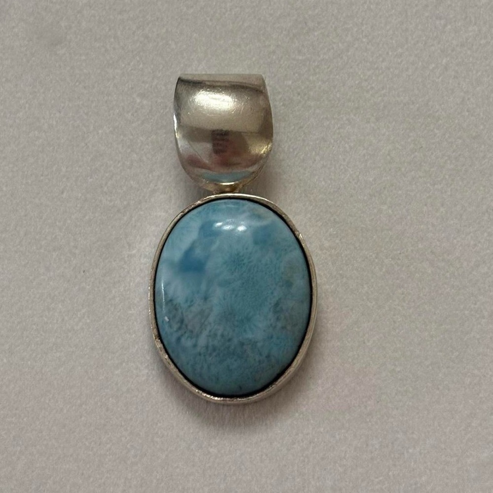 Vintage 925 Sterling Silver Larimar Light Blue Gemstone Chunky Statement Pendant